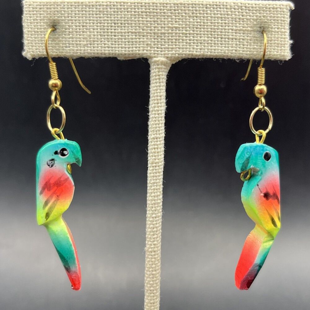 Parrot Drop Dangle Earrings Wooden Painted Tropical Bird Turquoise Pink Vintage